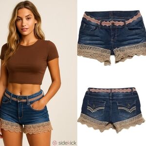 Handmade Vintage 90s Upcycled Lace Crochet Boho Extra Mini Denim Shorts 8